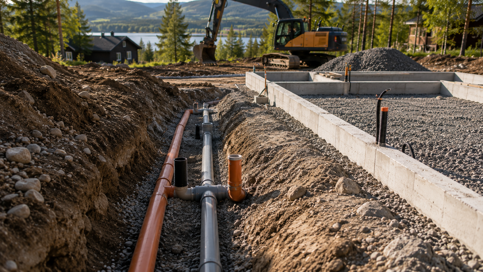 Markarbeten i Åre med rörläggning och grävmaskin
