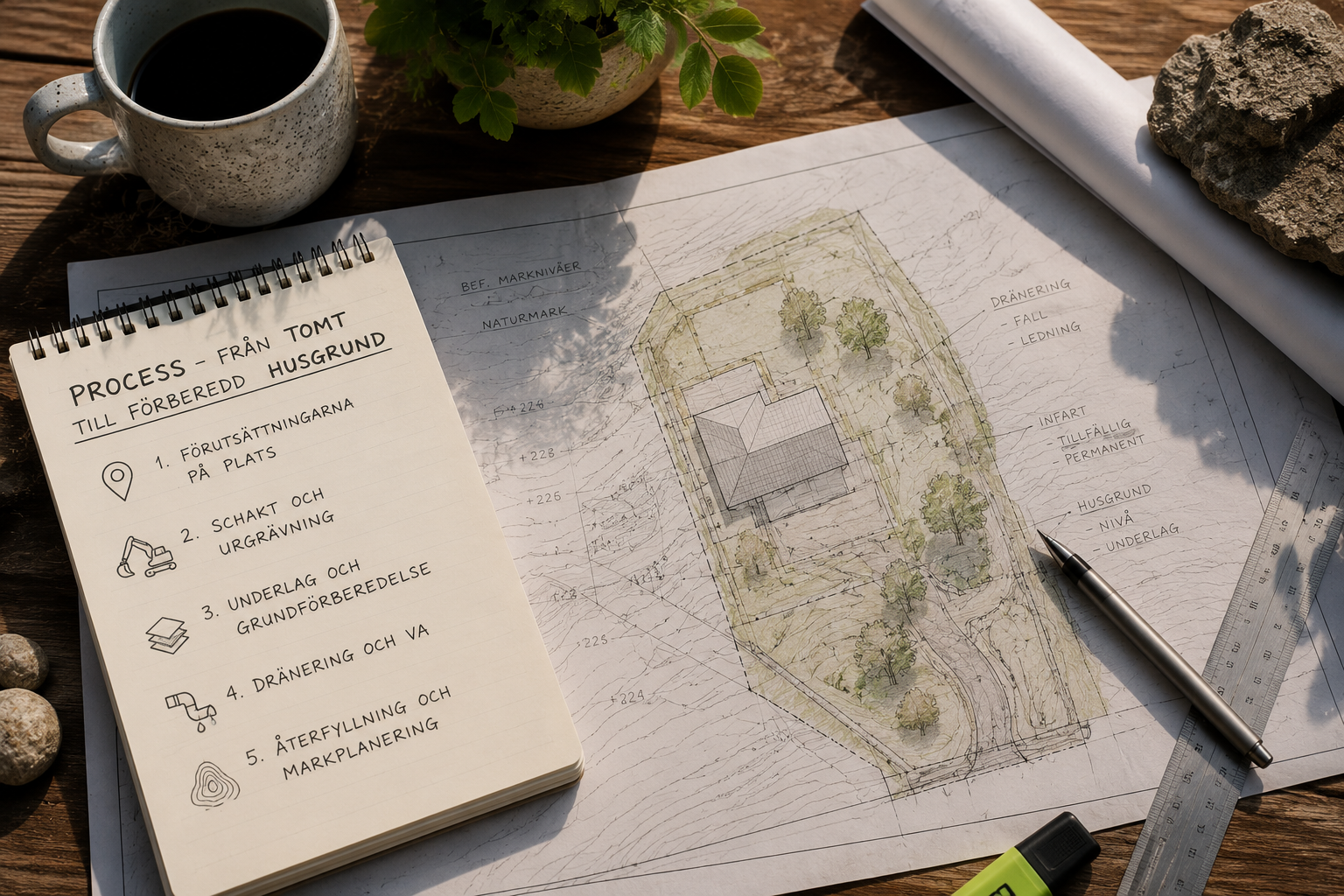 Planritning för markarbeten i Åre med steg för byggprocessen
