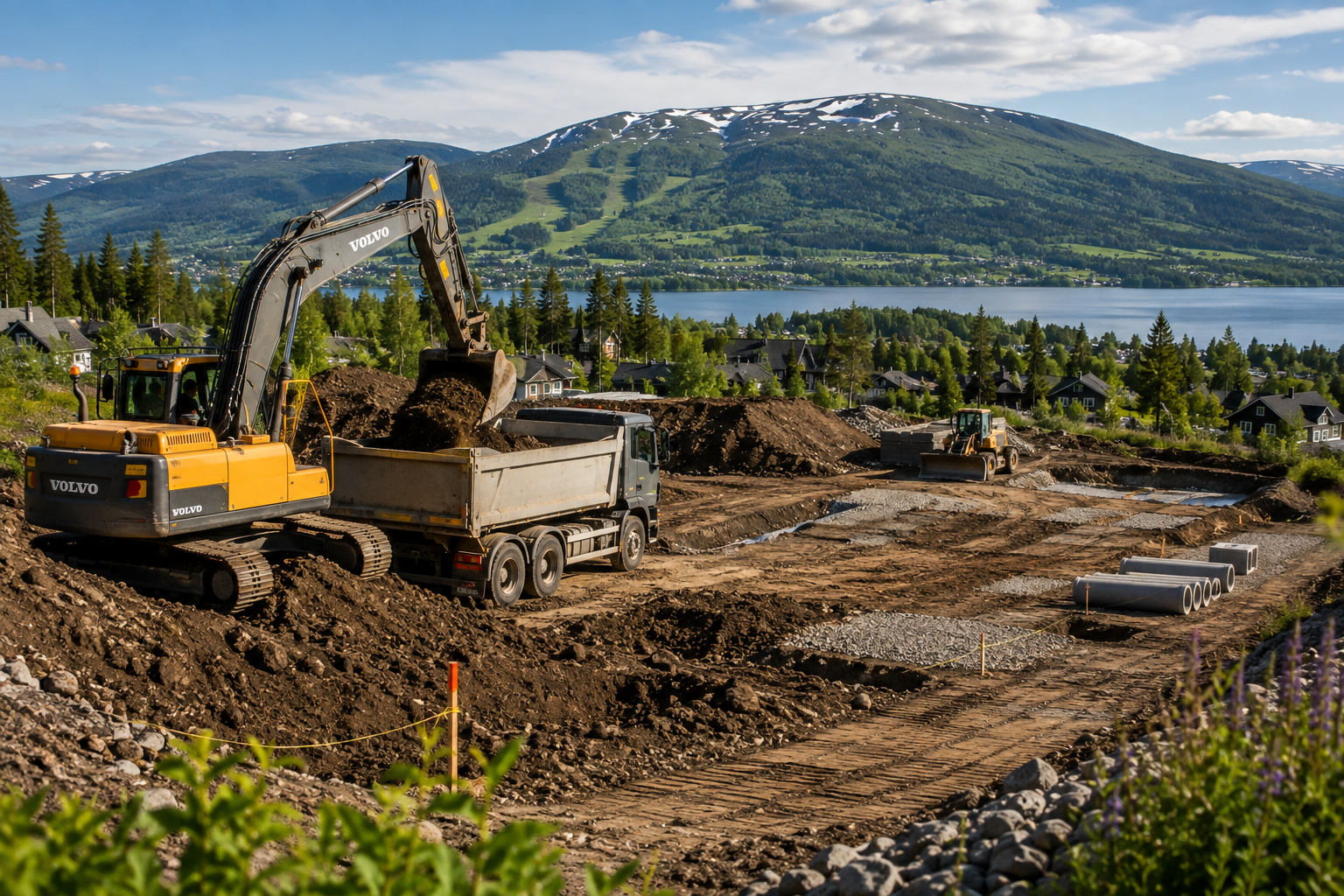 Markarbete vid sjö och berg i Åre med grävmaskin